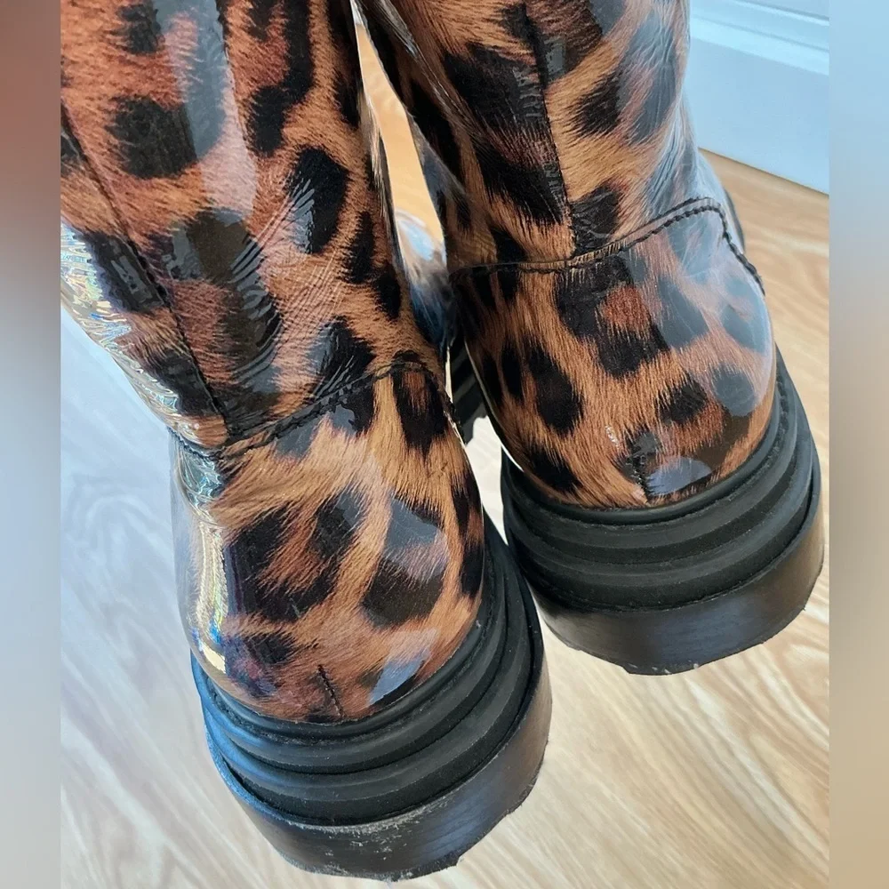 SCHUTZ Maryele Leopard Patent Print Combat Boots Size 9.5B